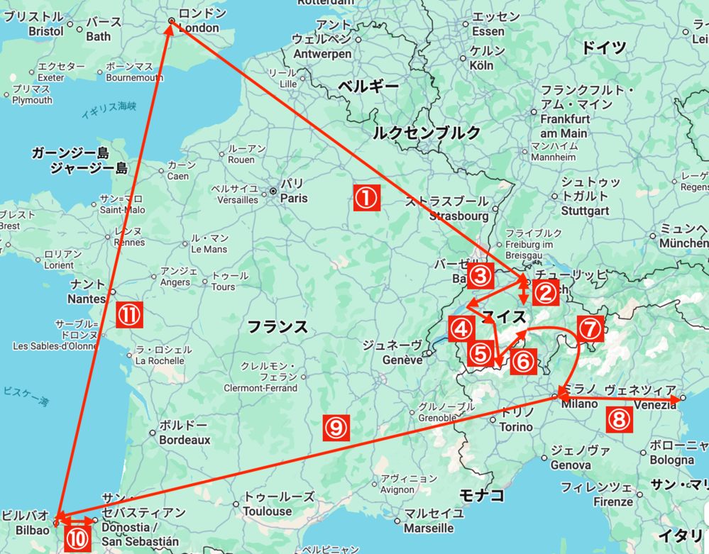 Resized picture of Europe trip route in June, 2026